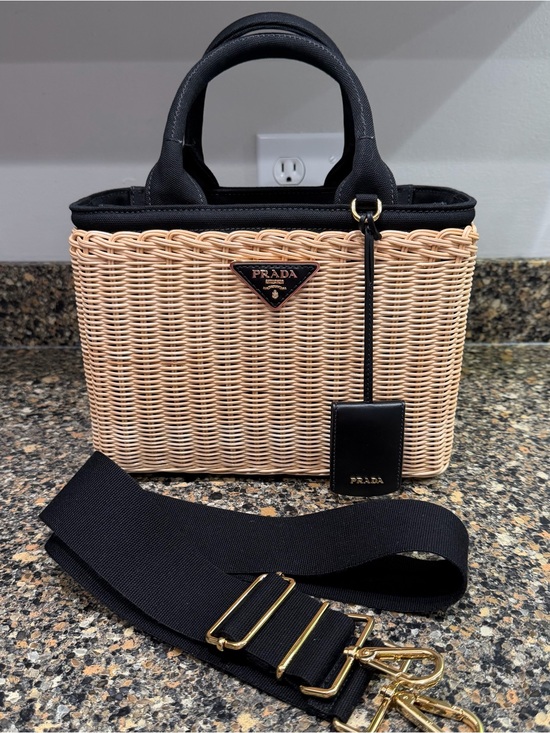 Prada Handbags - Prada Beige Wicker Tote with Black Leather Trim and Strap
